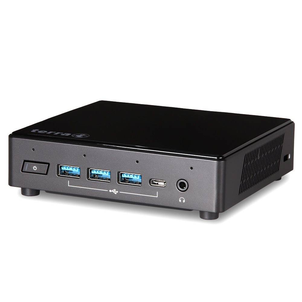 Ein kompakter schwarzer Desktop-PC mit USB-Anschlüssen und Einschaltknopf an der Vorderseite, geeignet für den Einsatz in Büroumgebungen.