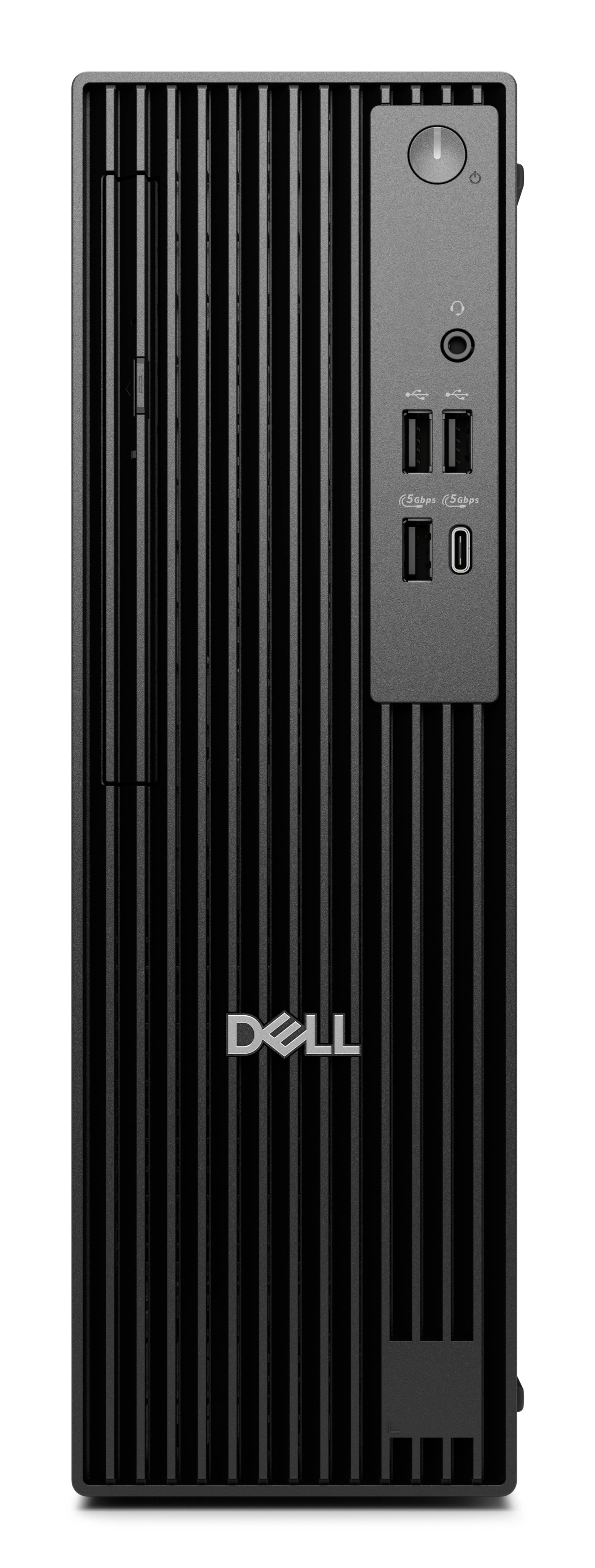 Ein schwarzer Dell-Computerturm mit vertikalen Rillen an der Frontplatte, mit einem USB-C- und USB-Anschluss oben rechts.