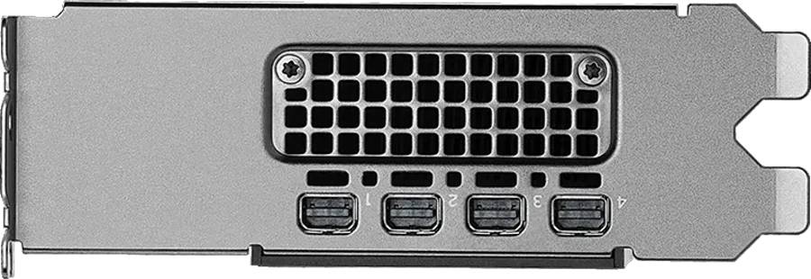 Das Bild zeigt die Rückansicht einer Computergrafikkarte mit einem Metallbügel, Lüftungslöchern und drei DisplayPort-Anschlüssen, die mit 1, 2 und 3 gekennzeichnet sind.