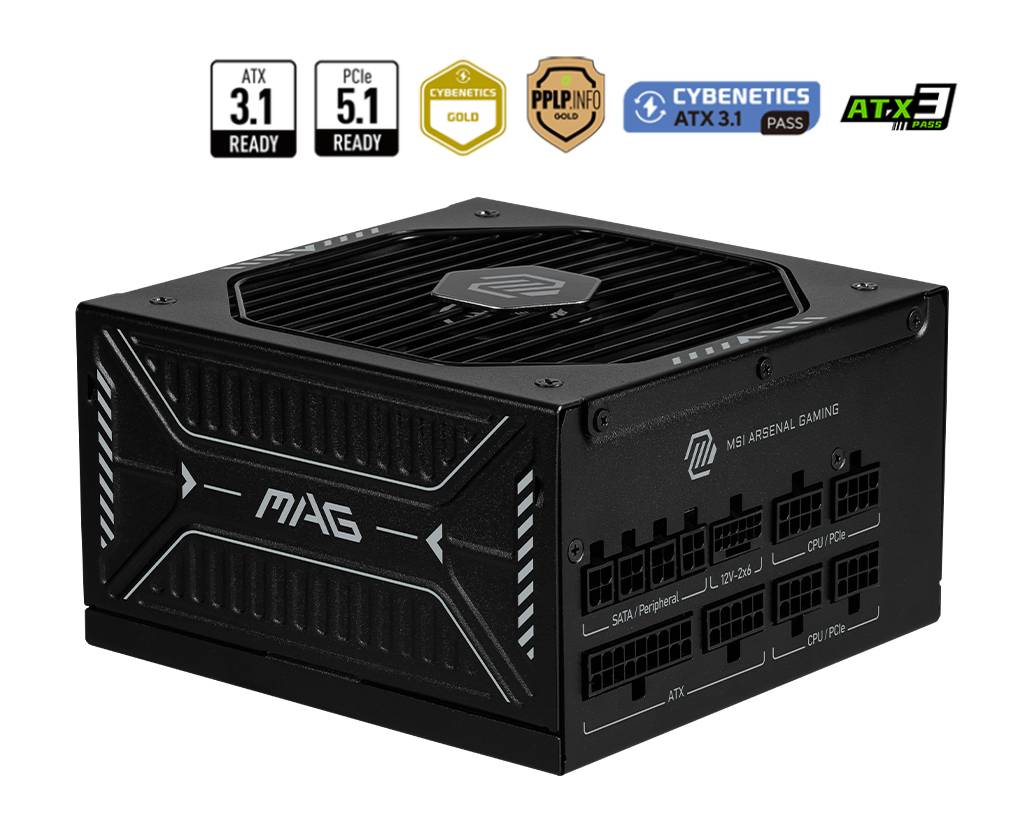 MSI MAG A850GLS PCIE5, 850 W, 100 - 240 V, 1870 W, 47 - 63 Hz, Aktiv, 90%