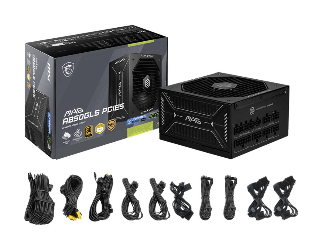 MSI MAG A850GLS PCIE5, 850 W, 100 - 240 V, 1870 W, 47 - 63 Hz, Aktiv, 90%