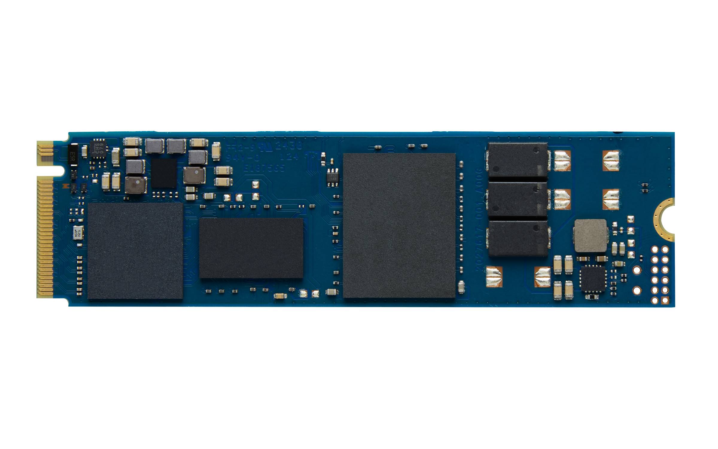 Blaue Solid-State-Drive-Leiterplatte mit Speicherchips und Controller-Komponenten auf weißem Hintergrund.