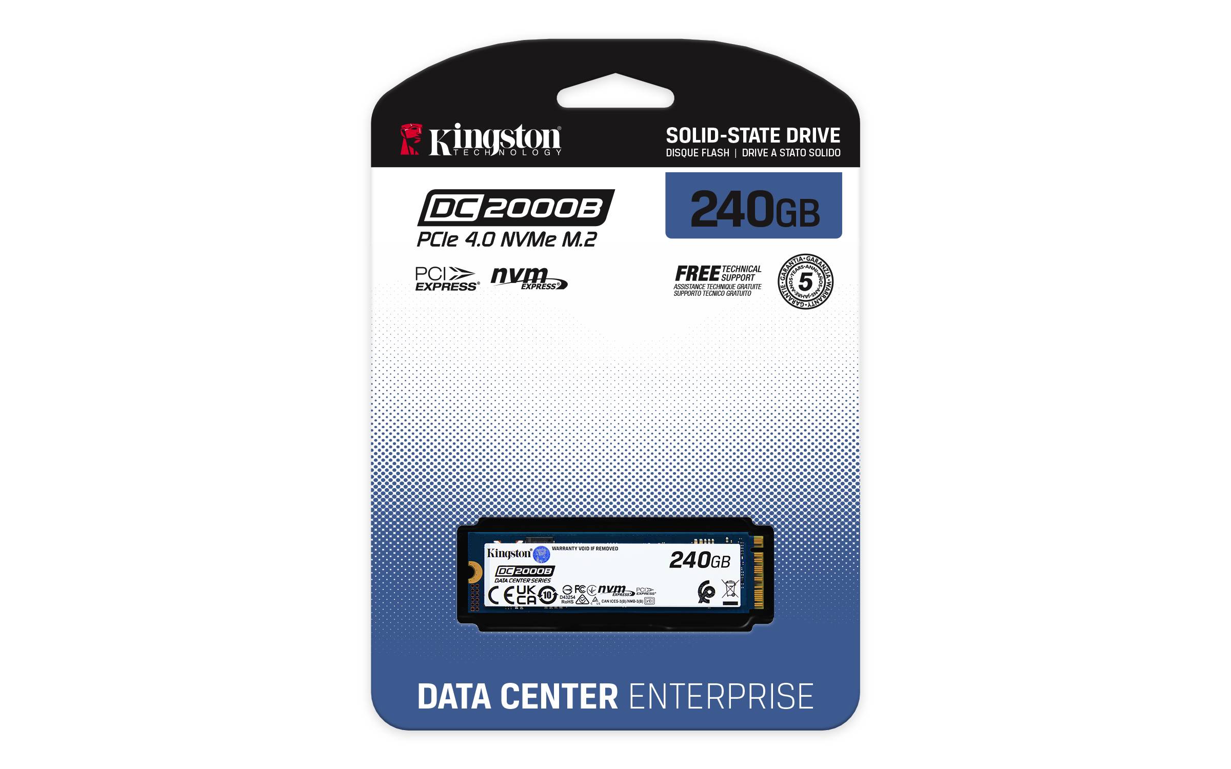 Kingston DC2000B 240GB PCIe 4.0 NVMe M.2 Solid-State-Drive-Paket für Datencenter-Unternehmenseinsatz.