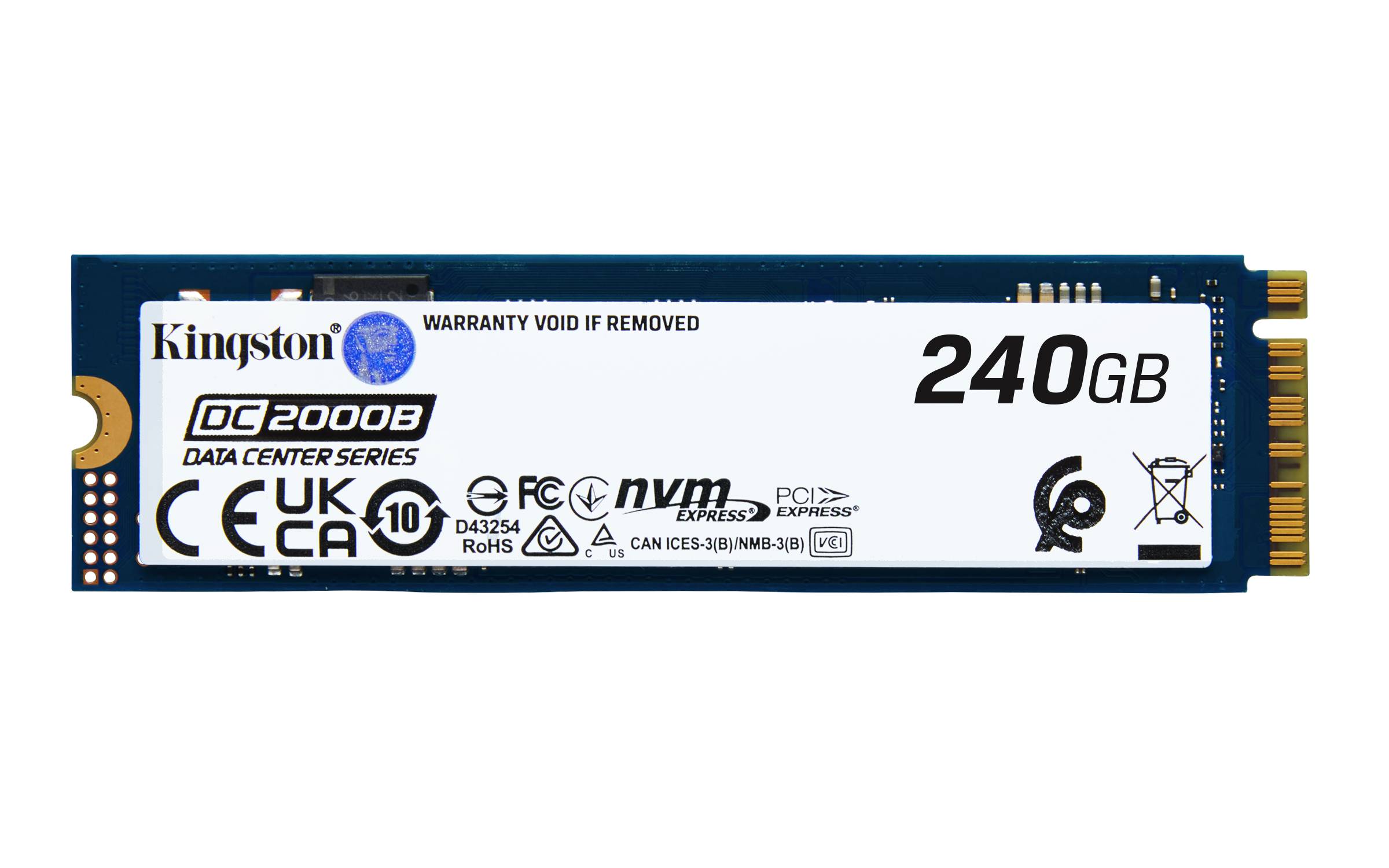 Kingston DC2000B 240GB NVMe M.2 Solid-State-Laufwerk auf schwarzem Hintergrund abgebildet.