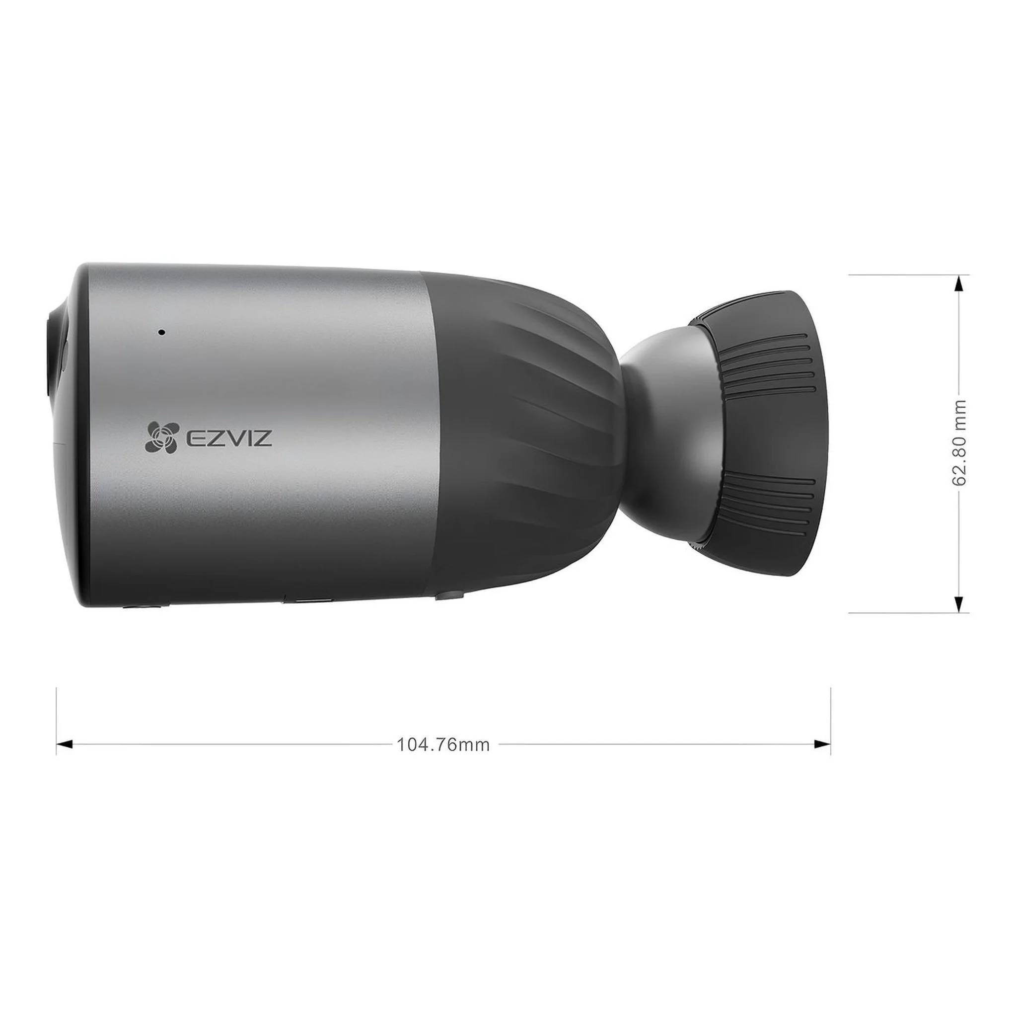 EZVIZ-Kugelkamera in Seitenansicht mit Montageklammer; Abmessungen gekennzeichnet mit 104,76 mm Länge und 62,80 mm Höhe.