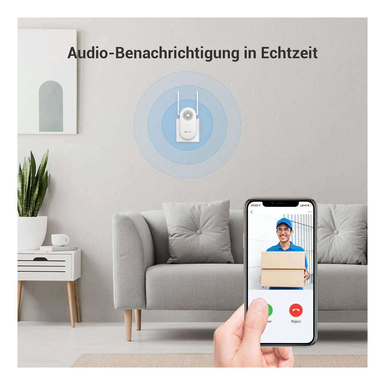 Wohnzimmerszene mit einer intelligenten Türklingel mit „Audio-Benachrichtigung in Echtzeit