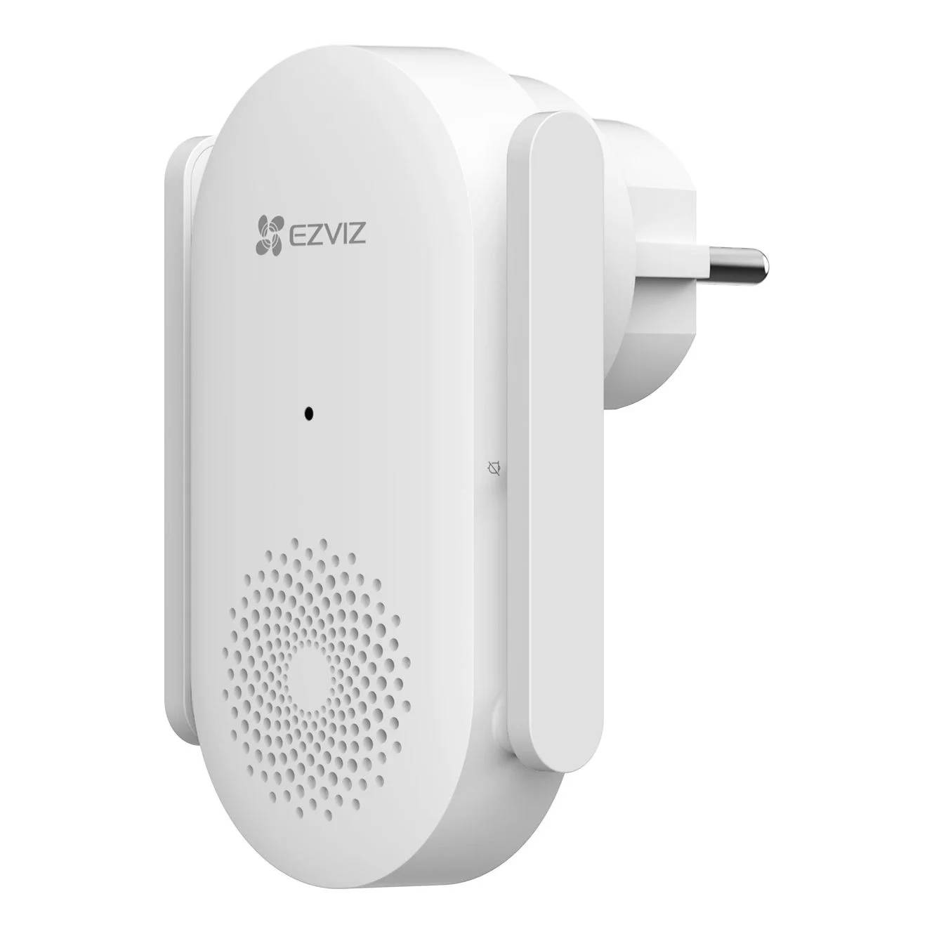 Weißes EZVIZ-Steckdosen-Smart-Home-Gerät mit vorderer Lautsprechergitter, kleiner Statusleuchte und sichtbaren Stromstiften.
