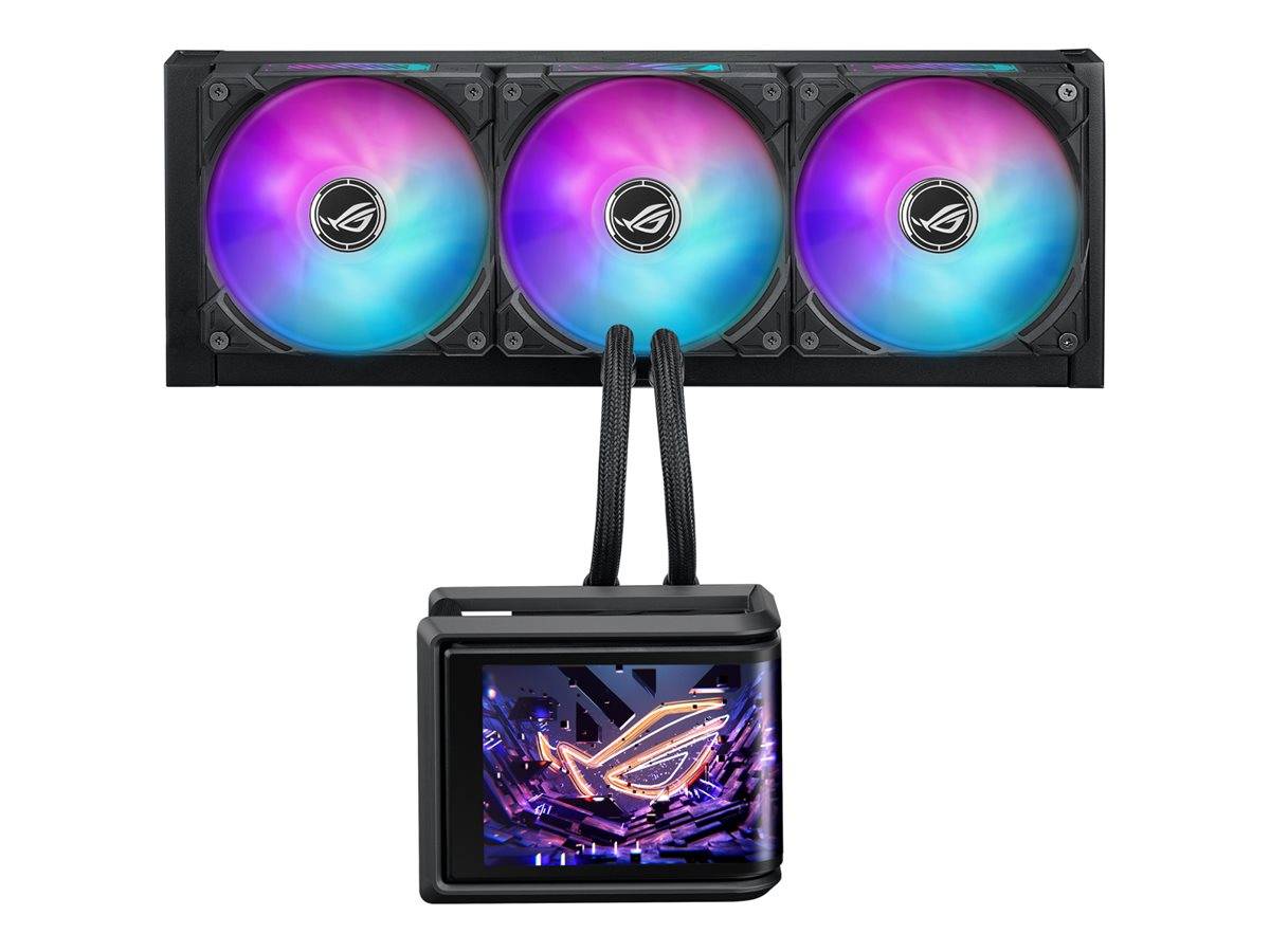 Schwarzer Flüssigkeits-CPU-Kühler mit dreifachem RGB-Lüfter-Radiator und beleuchtetem Pumpenblock mit ROG-Logo, verbunden durch geflochtene Schläuche.