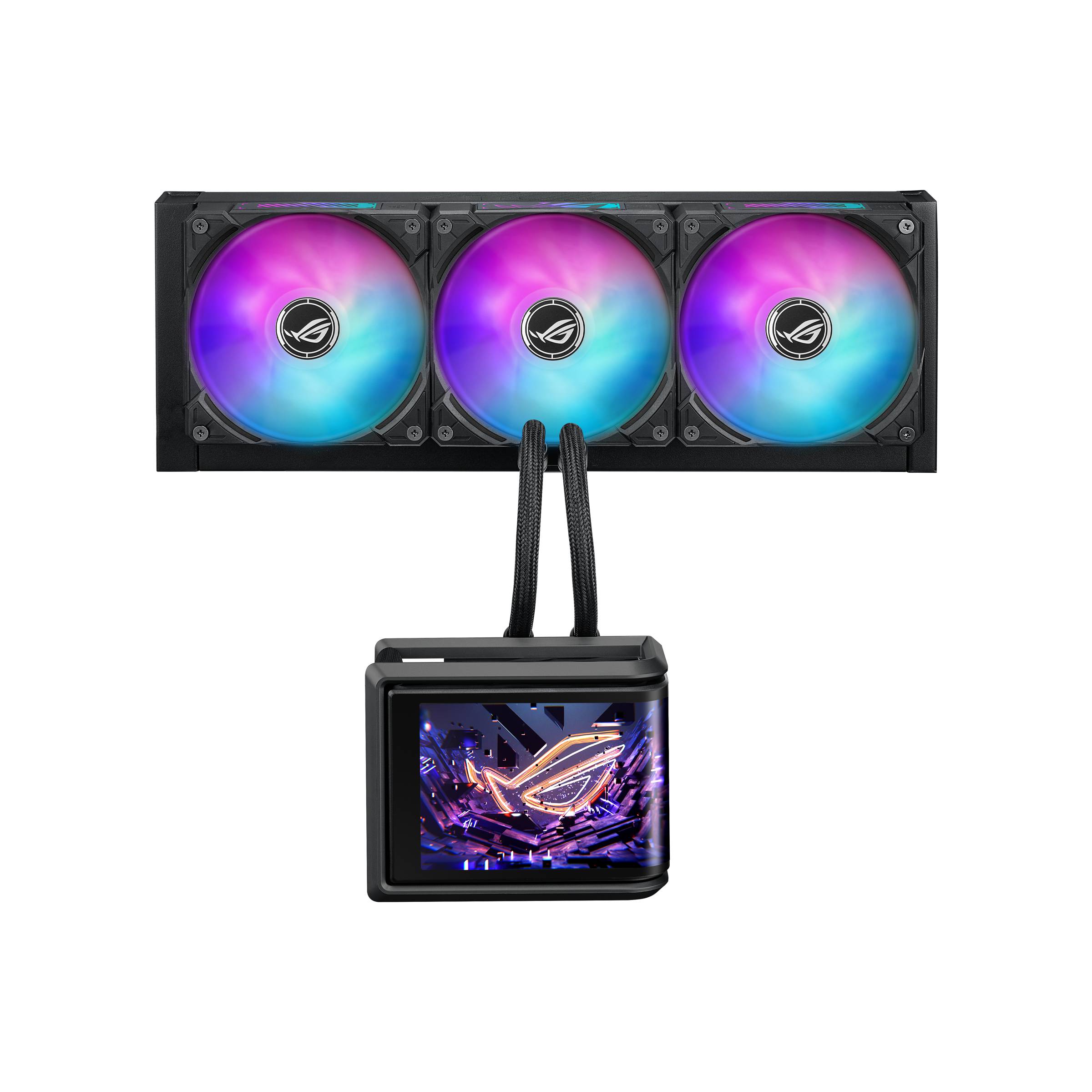 ASUS ROG Flüssigkühler für die CPU mit drei RGB-Radiatorlüftern und einem kleinen beleuchteten Pump-Display, das das ROG-Logo anzeigt.