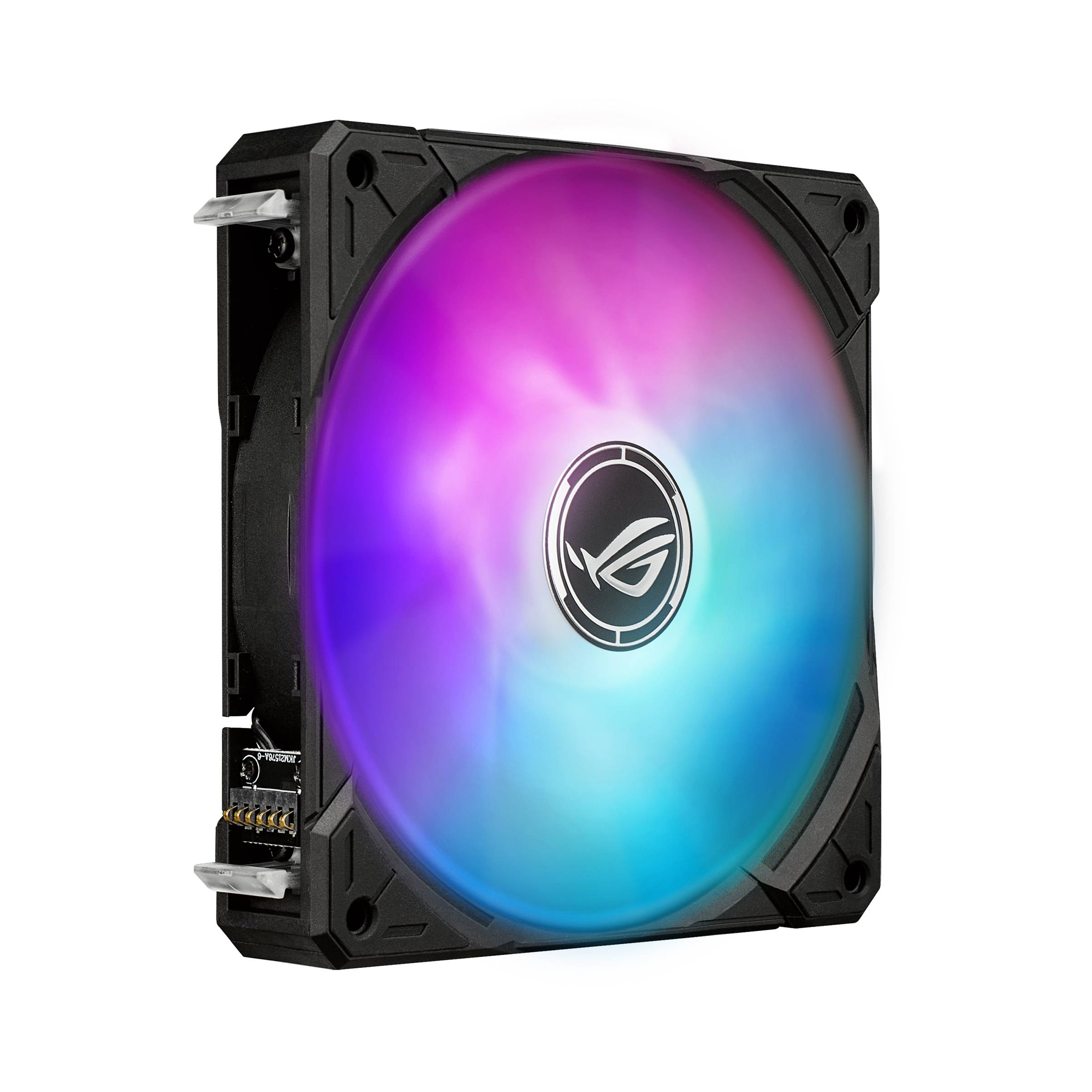 RGB-Computergehäuselüfter mit leuchtenden rosa, violetten und blauen Blättern, zentriertes ROG-Logo, auf schwarzem Hintergrund dargestellt.