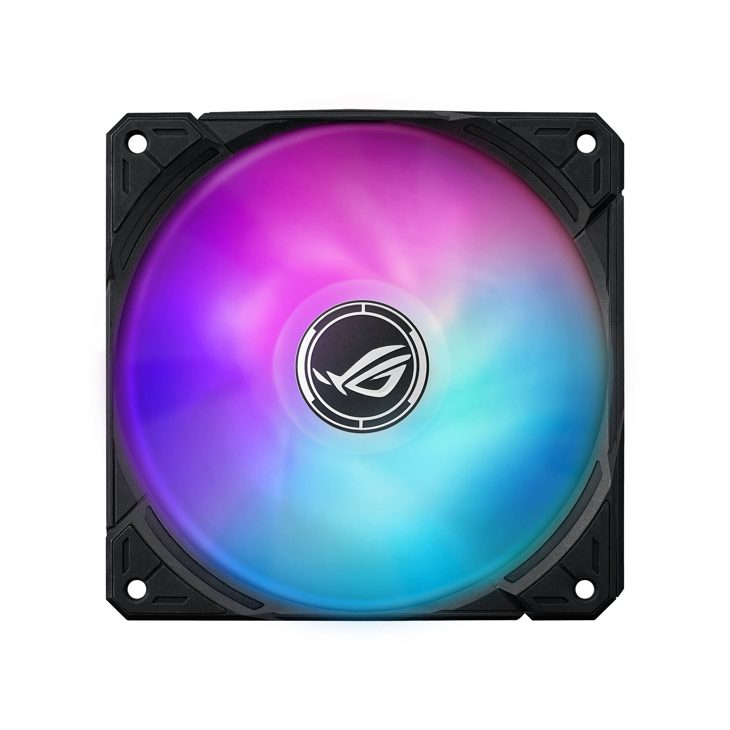 RGB-PC-Gehäuselüfter mit schwarzem Rahmen und leuchtenden rosa, lila und blauen Flügeln, mit dem ROG-Logo in der Mitte.