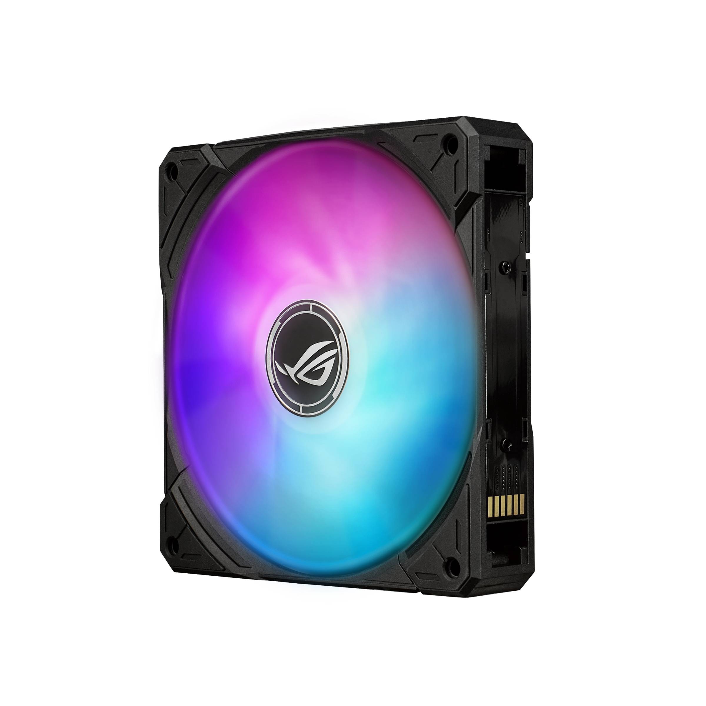 Schwarzer ASUS ROG PC-Gehäuselüfter mit RGB-Beleuchtung, frontal auf schwarzem Hintergrund dargestellt.