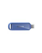 Blauer SanDisk USB-Speicherstift mit integrierter Schlaufe und freiliegendem USB-C-Anschluss auf weißem Hintergrund