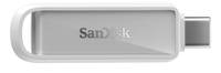 SanDisk-Logo in Graustufen auf rechteckigem Hintergrund.