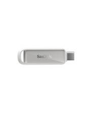 Silberner SanDisk USB-Speicherstick mit USB-C-Anschluss auf weißem Hintergrund.