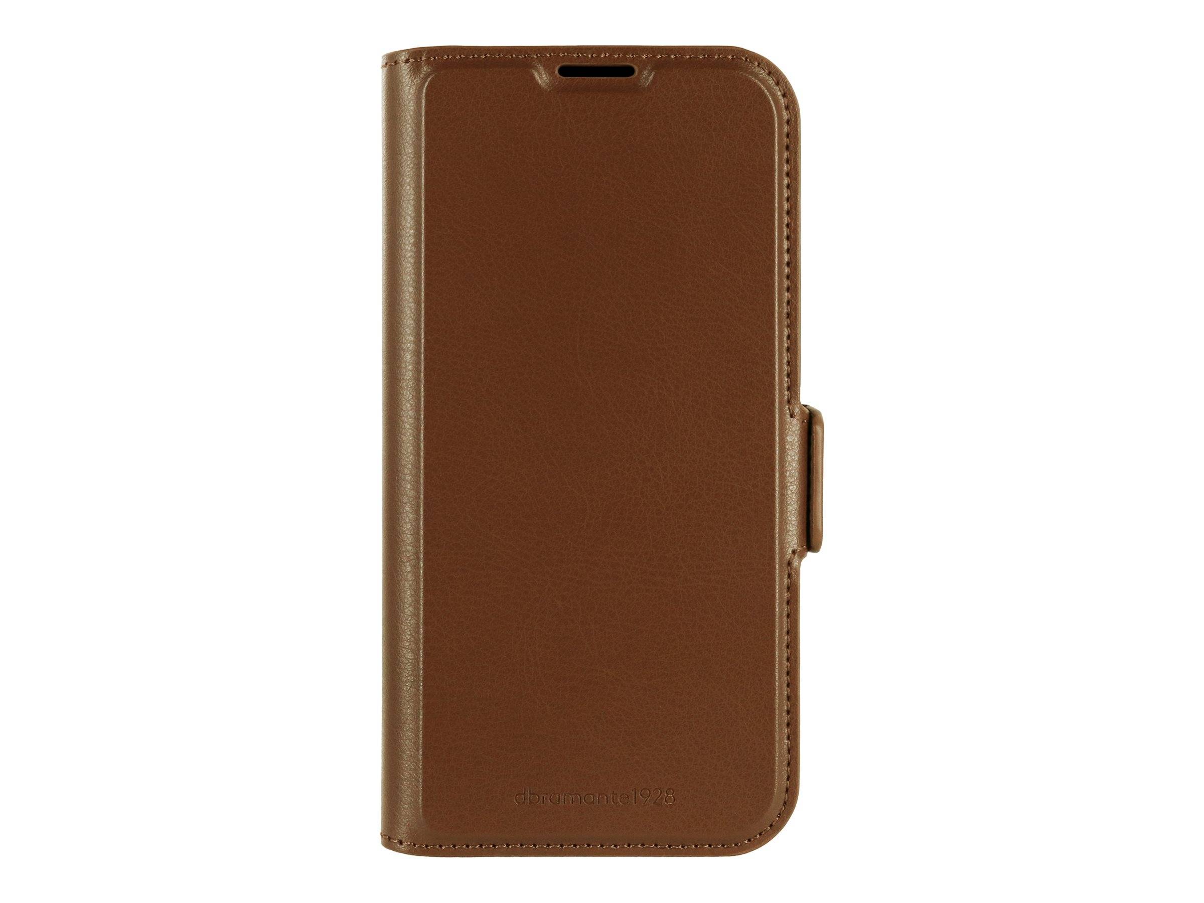 Eine braune Ledertasche für das Handy mit einer Vorderseite, die eine kleine Aussparung an der Oberseite für den Lautsprecher und einen magnetischen Verschluss an der Seite aufweist.