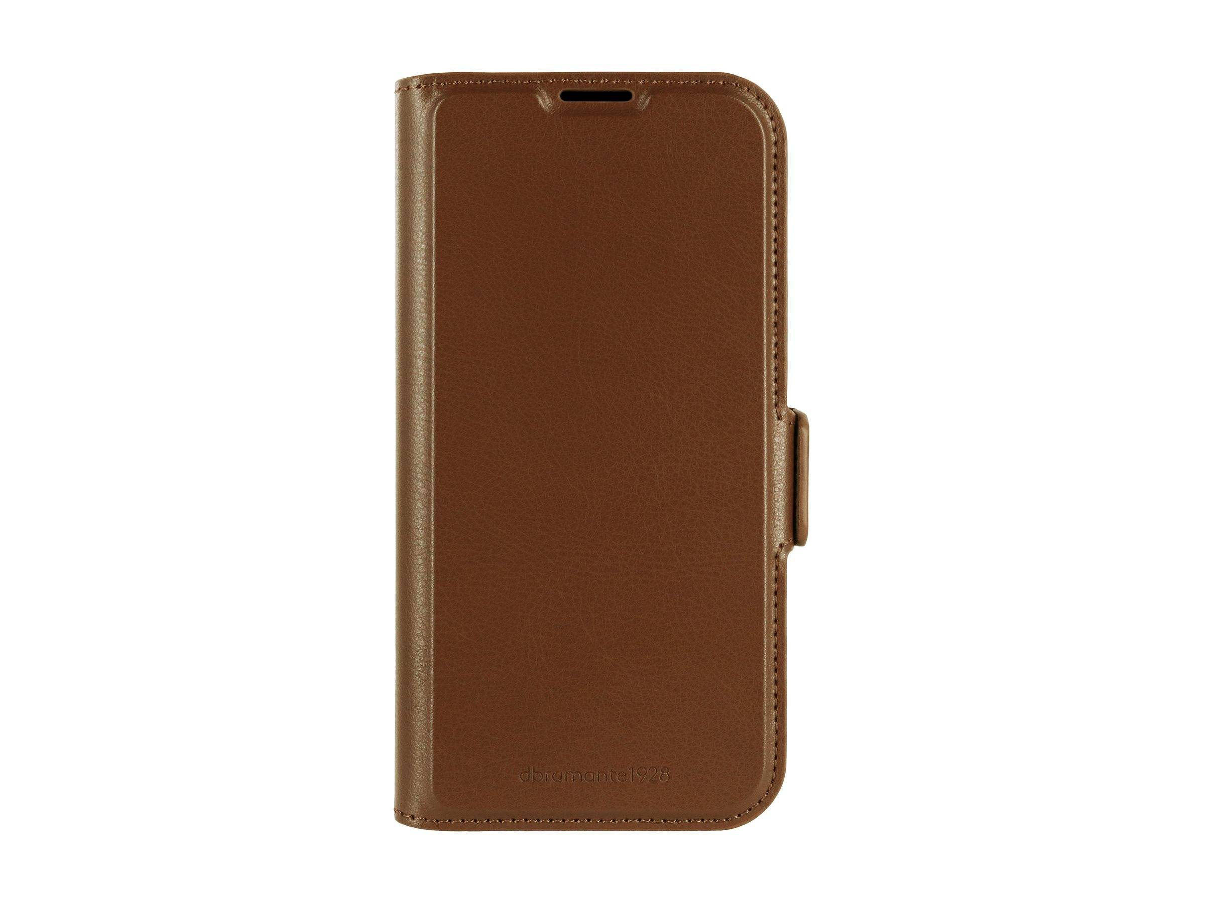 Eine braune Ledertasche für Smartphones mit Geldbörsen-Funktion, geschlossen, mit einer Aussparung für den Lautsprecher oben und einer Klappe auf der rechten Seite zum Öffnen.