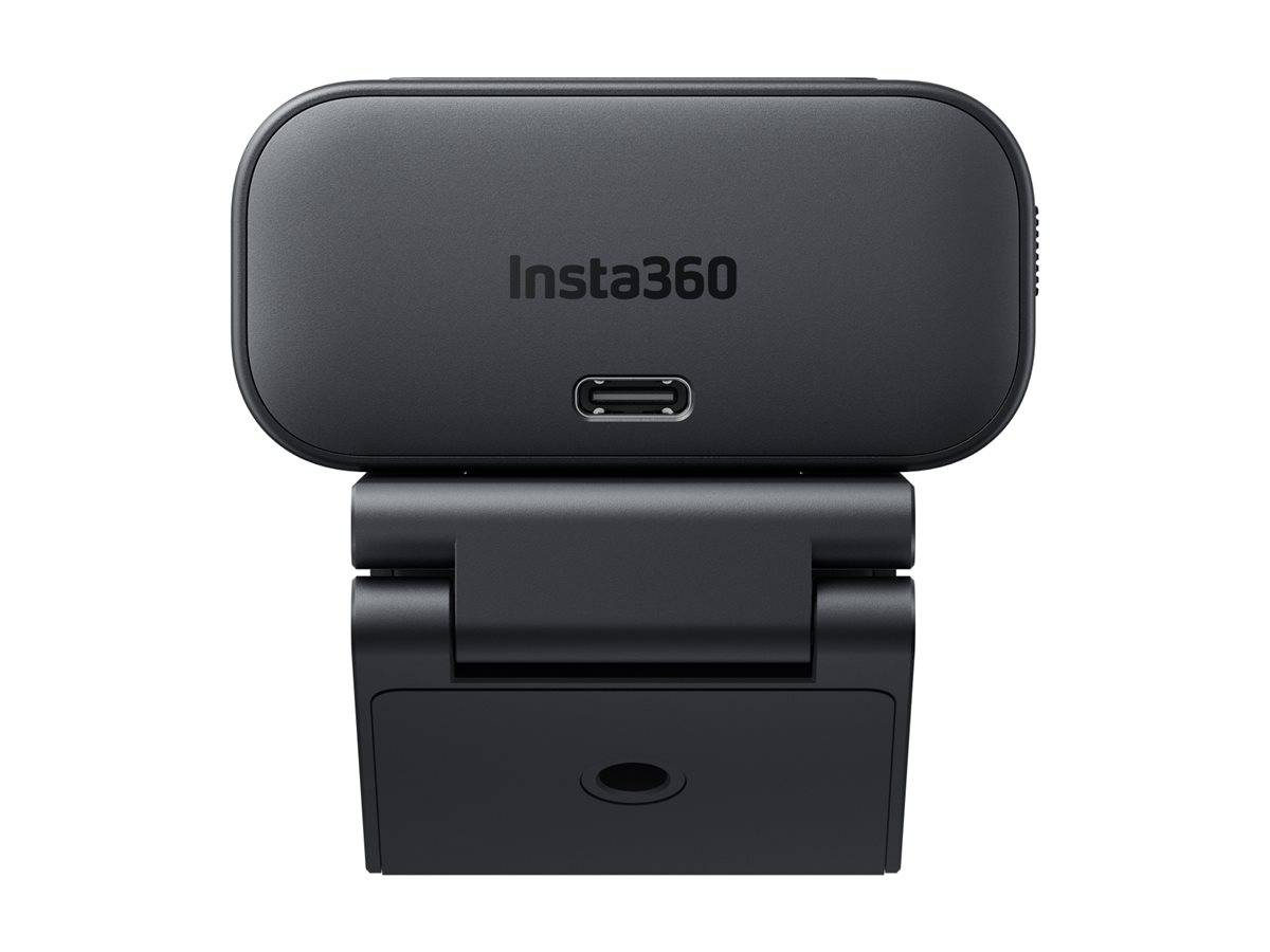 Eine Nahaufnahme einer Insta360-Webcam mit klappbarer Klemmhalterung, die zum Befestigen an verschiedenen Oberflächen konzipiert ist.
