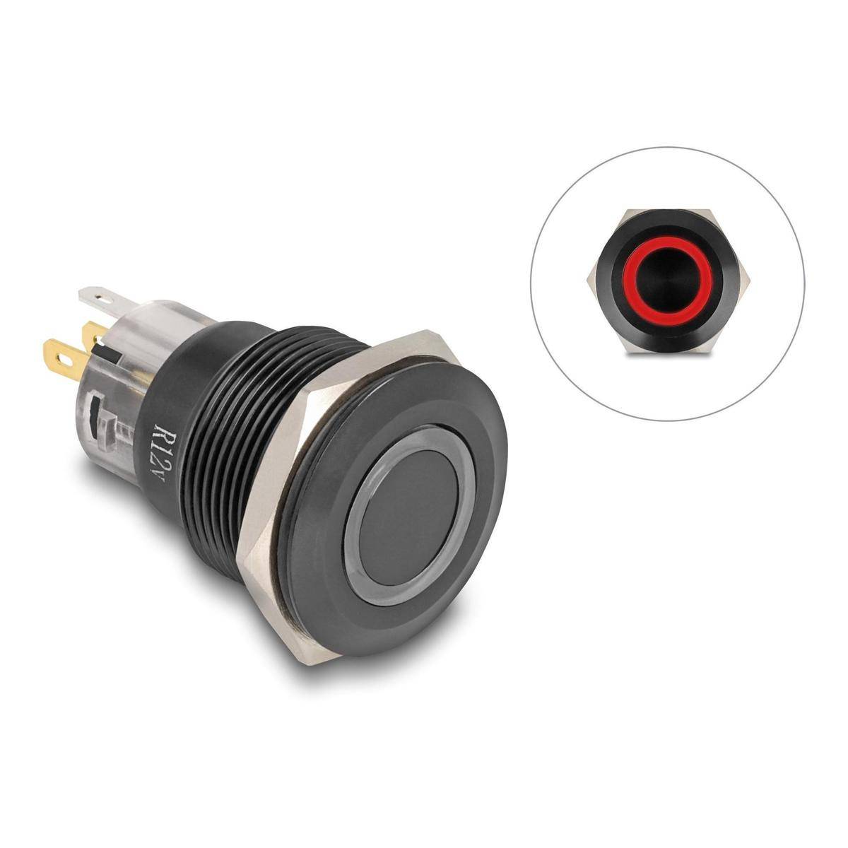 Delock Druckschalter zum Einbau schwarz 22 mm 12 V 5 x Lötanschluss LED rot Ring
