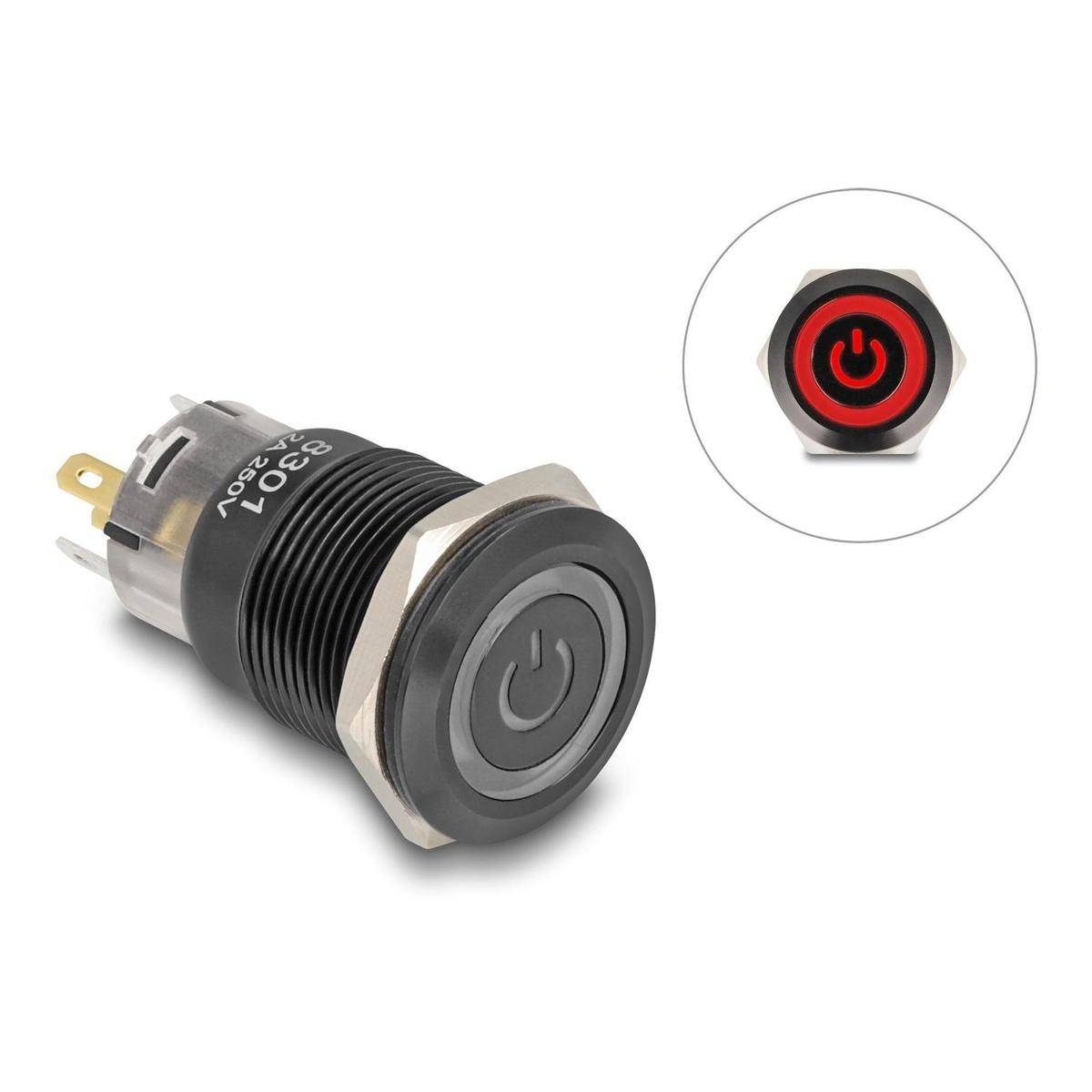 Delock Druckschalter zum Einbau schwarz 19 mm 12 V 5 x Lötanschluss LED rot Powe