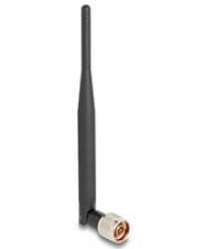 Eine schwarze WLAN-Antenne auf weißem Hintergrund, mit einer zylindrischen Basis, die sich zu einer dünnen Antenne verjüngt, verwendet für drahtlose Konnektivität.