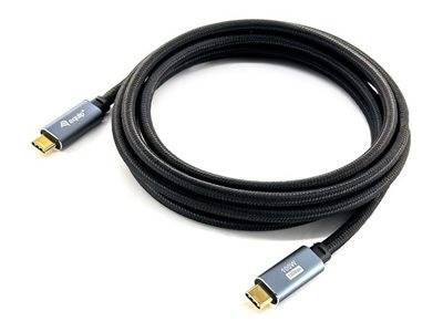 Aufgerolltes schwarzes USB-C-Kabel mit vergoldeten Steckern auf weißem Hintergrund.