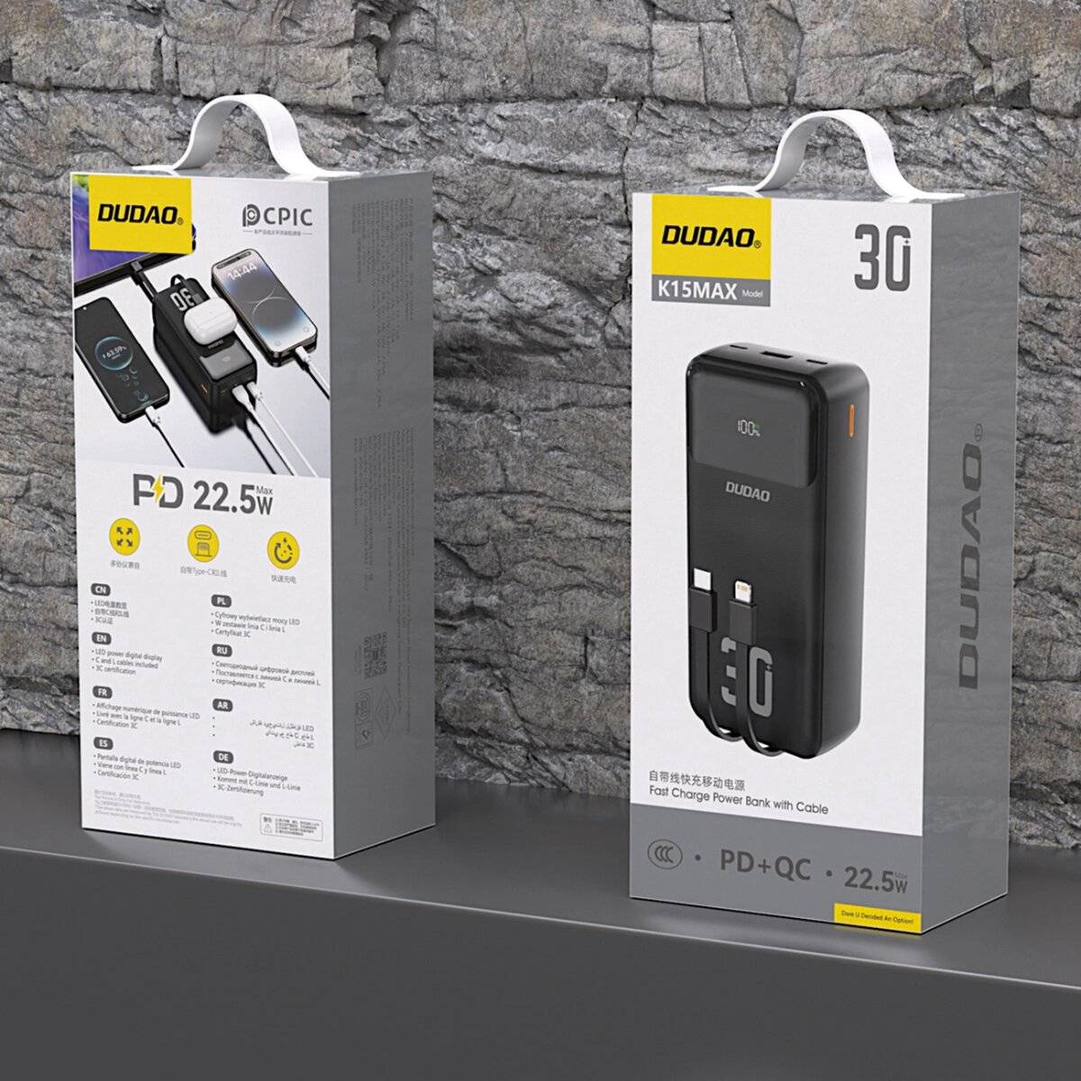 Dudao K15MAX 30000mAh PD 22.5W Powerbank mit integrierten Kabeln - Schwarz