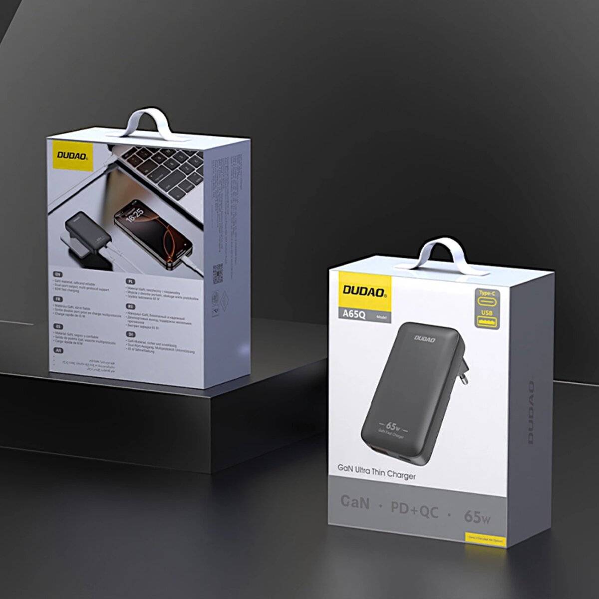 Dudao GaN A65Q 65W USB-A/USB-C PD Ultra-Dünnes Reise-Wandladegerät EU/US Schwarz