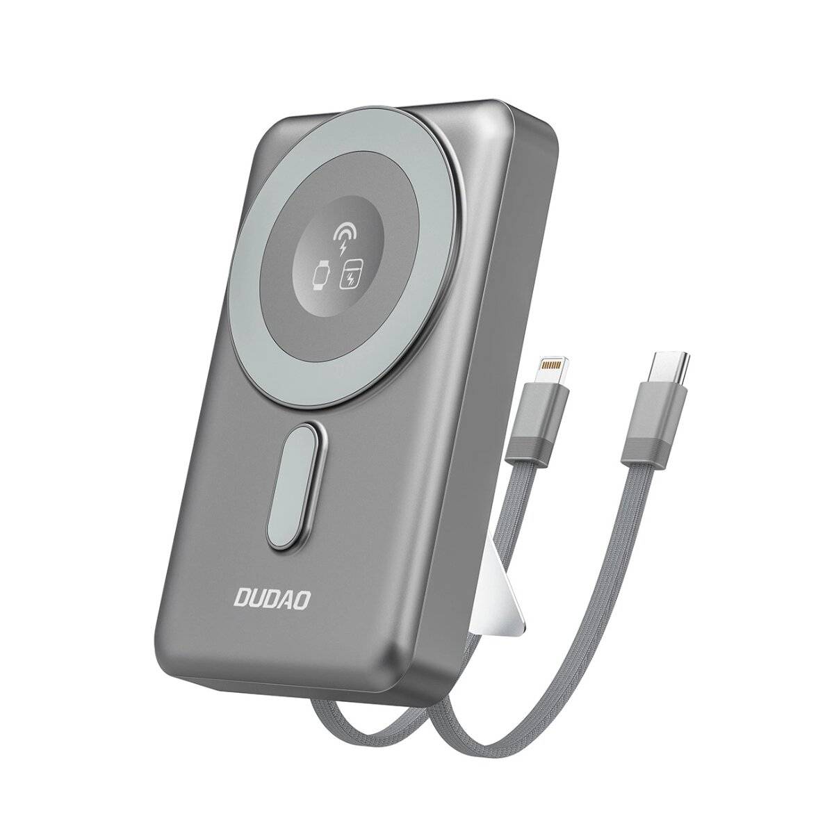 Dudao K29 10000 mAh PD 20 W MagSafe Powerbank mit Metallgehäuse, Ständer und integrierten USB-C/ IPhone Kabeln Grau