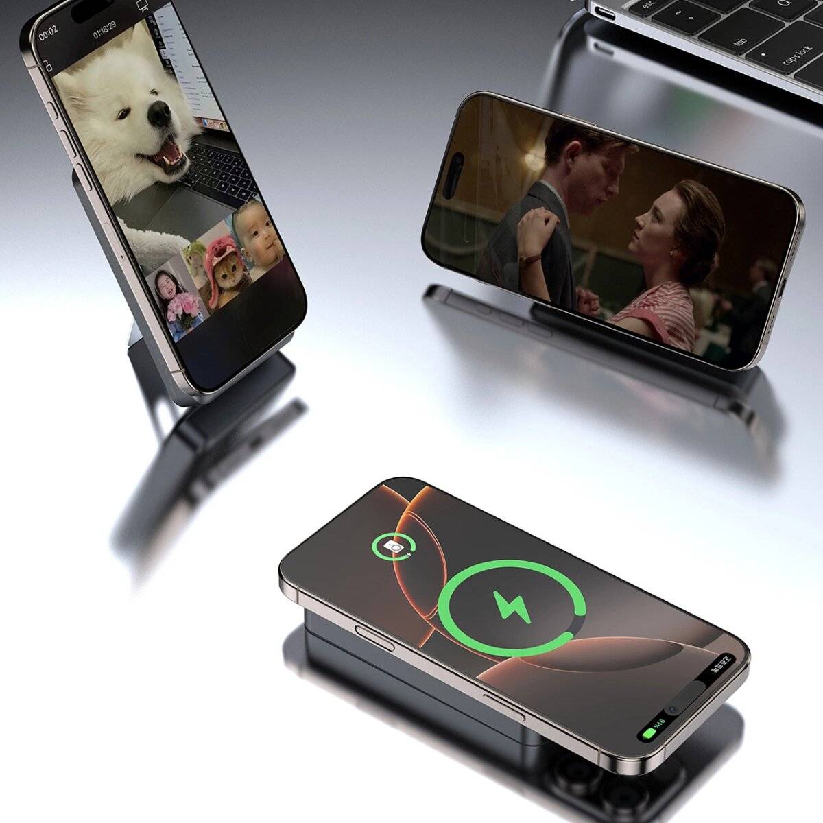 Dudao K29 10000 mAh PD 20 W MagSafe Powerbank mit Metallgehäuse, Ständer und integrierten USB-C/ IPhone Kabeln Grau