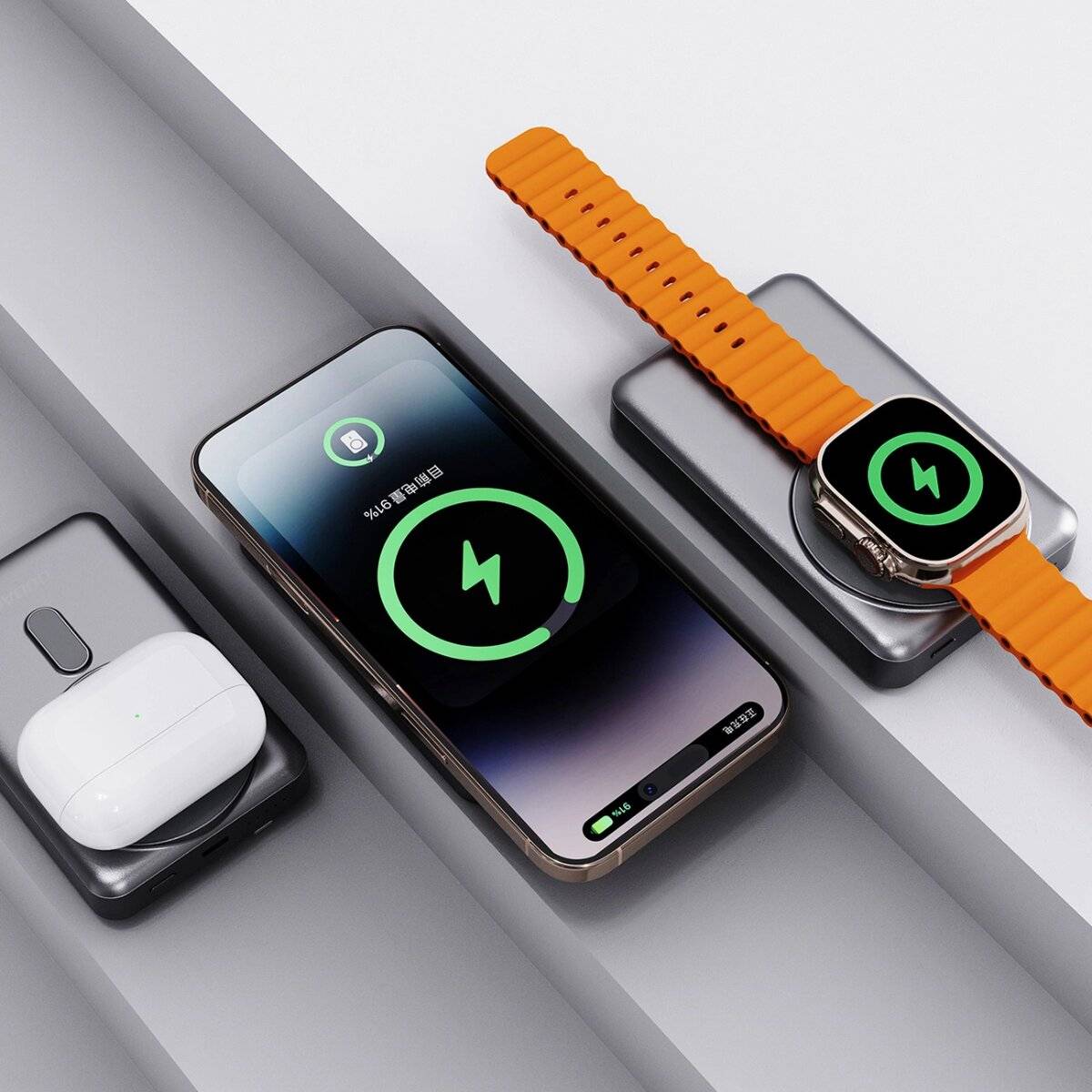 Dudao K29 10000 mAh PD 20 W MagSafe Powerbank mit Metallgehäuse, Ständer und integrierten USB-C/ IPhone Kabeln Grau