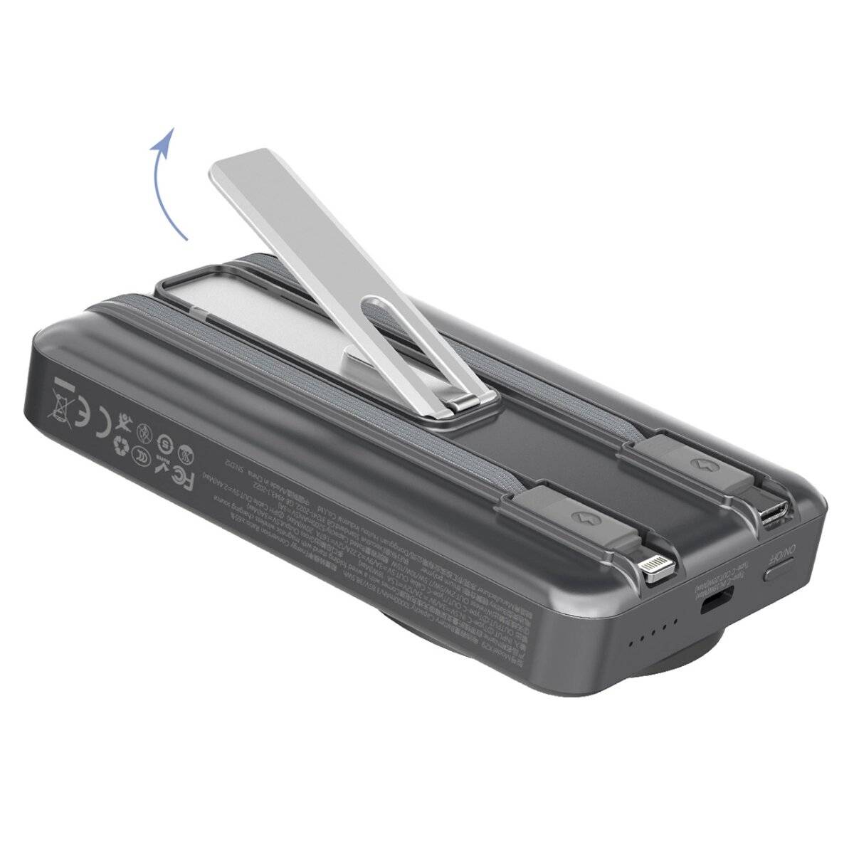 Dudao K29 10000 mAh PD 20 W MagSafe Powerbank mit Metallgehäuse, Ständer und integrierten USB-C/ IPhone Kabeln Grau