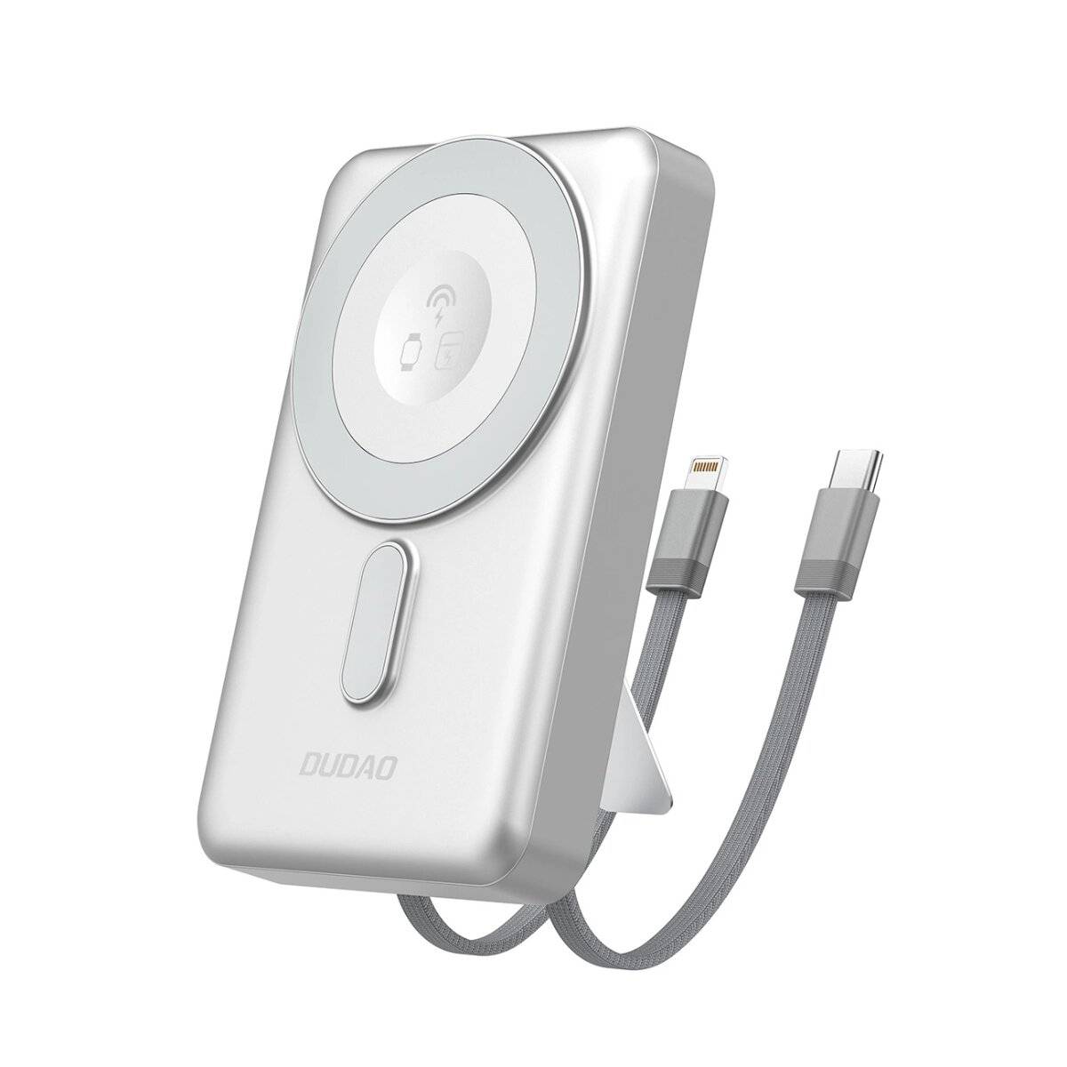 Dudao K29 10000 mAh PD 20 W MagSafe Powerbank mit Metallgehäuse, Ständer und integrierten USB-C/ IPhone Kabeln Silber