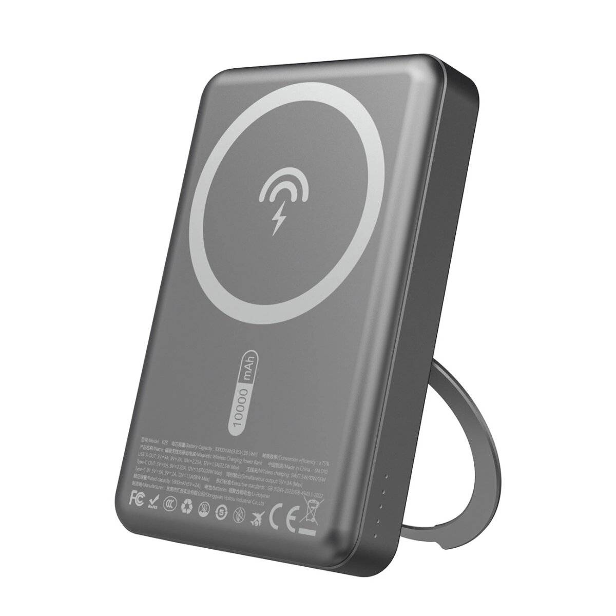 Dudao K28 10000 mAh PD 22,5 W MagSafe Powerbank mit Metallgehäuse und Ringständer Grau