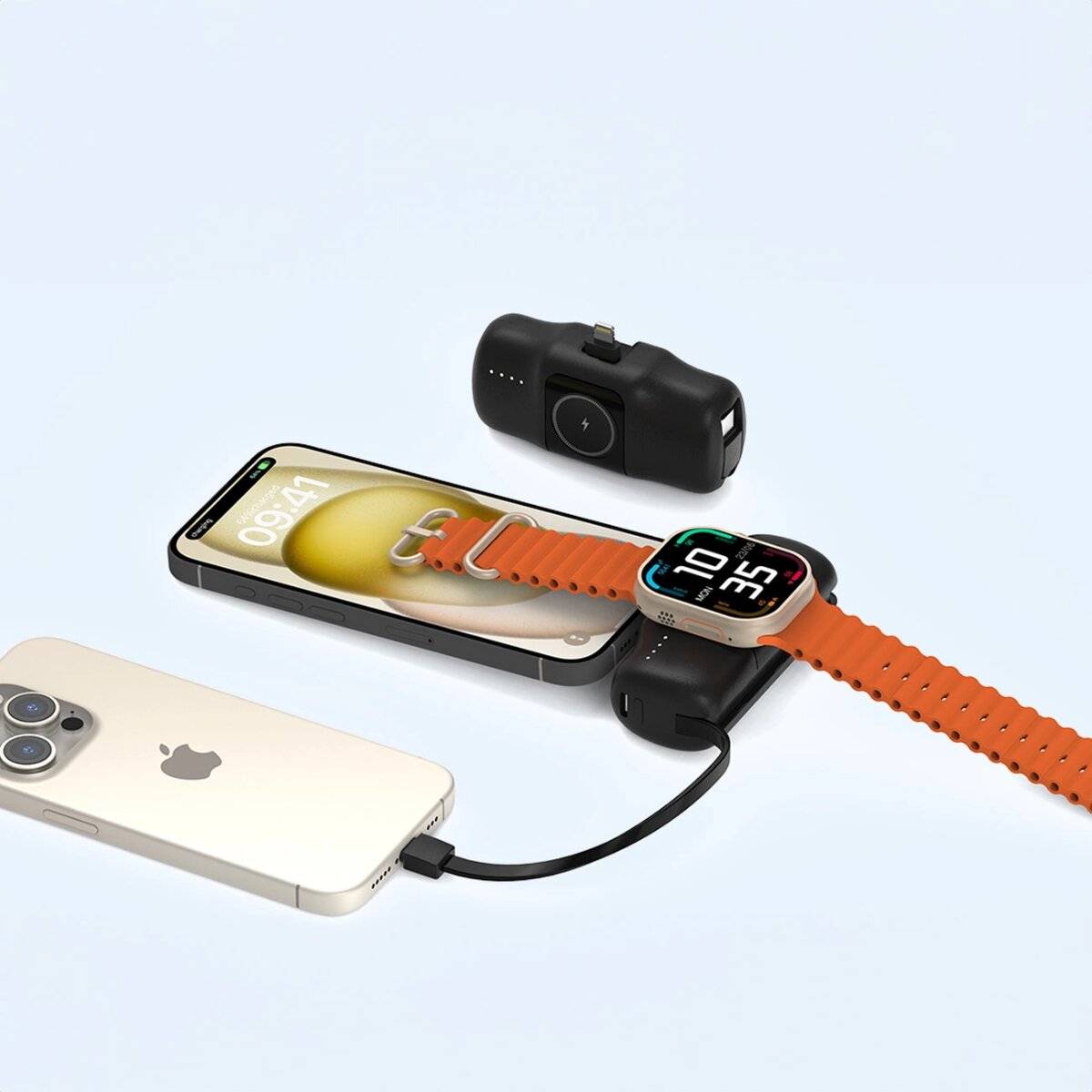 Wozinsky WF16-YLS 5000 mAh 15 W Lightning Mini-Powerbank mit integriertem USB-C-Kabel und Apple Watch Ladegerät Schwarz