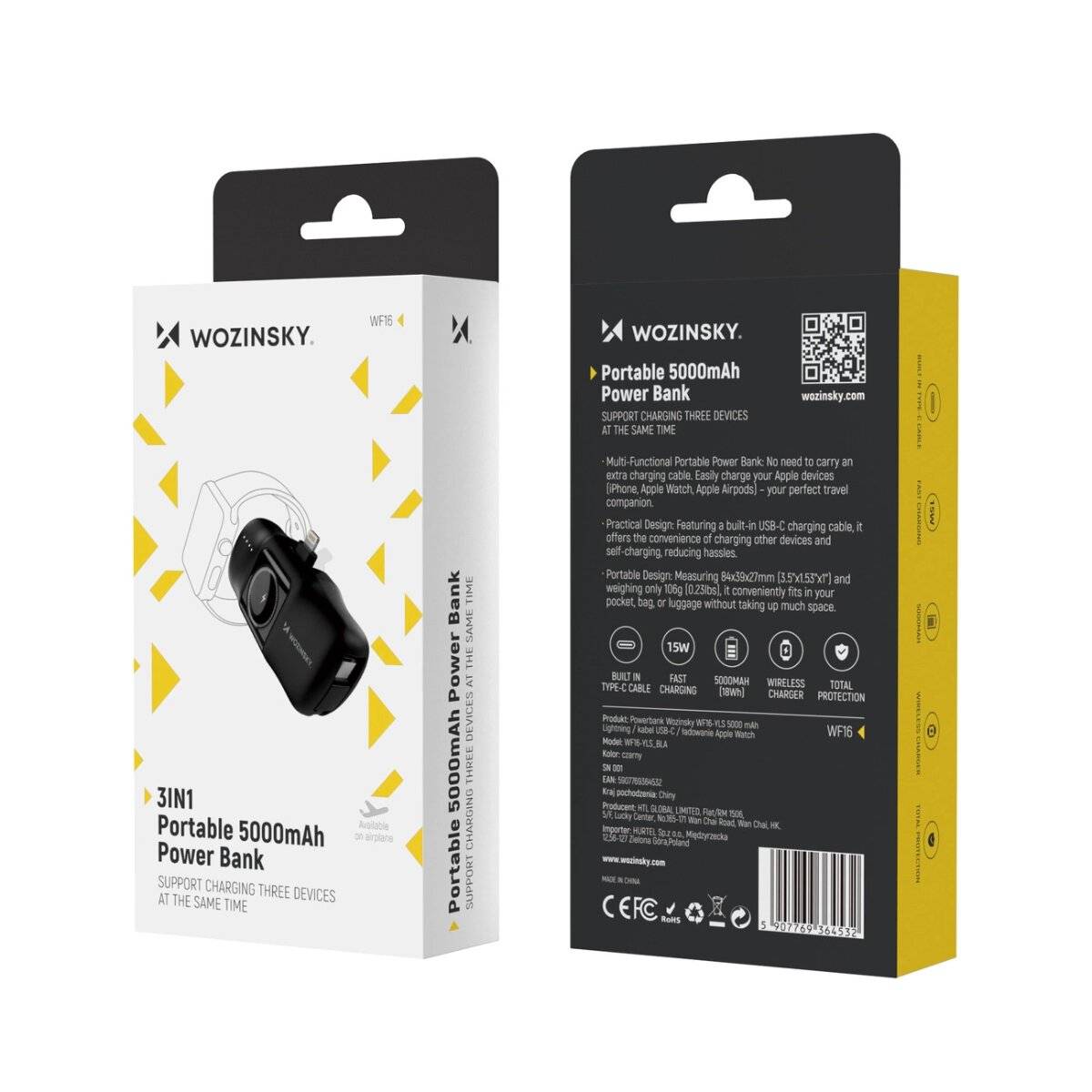 Wozinsky WF16-YLS 5000 mAh 15 W Lightning Mini-Powerbank mit integriertem USB-C-Kabel und Apple Watch Ladegerät Schwarz