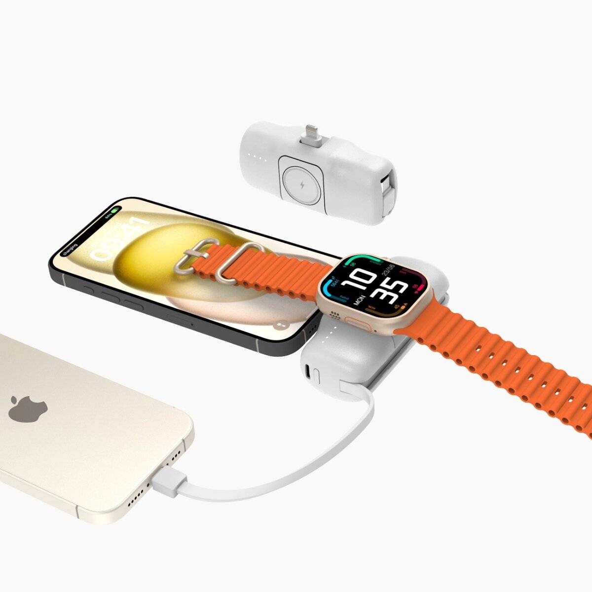 Wozinsky WF16-YLS 5000 mAh 15 W Lightning Mini-Powerbank mit integriertem USB-C-Kabel und Apple Watch Ladegerät Weiß