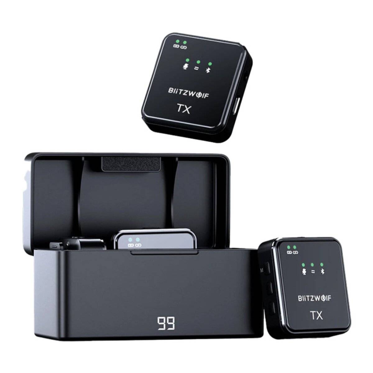 BlitzWolf BW-SX63 Wireless Mikrofon-Set mit Ladecase, USB-C & 3,5?mm Anschluss (Schwarz)