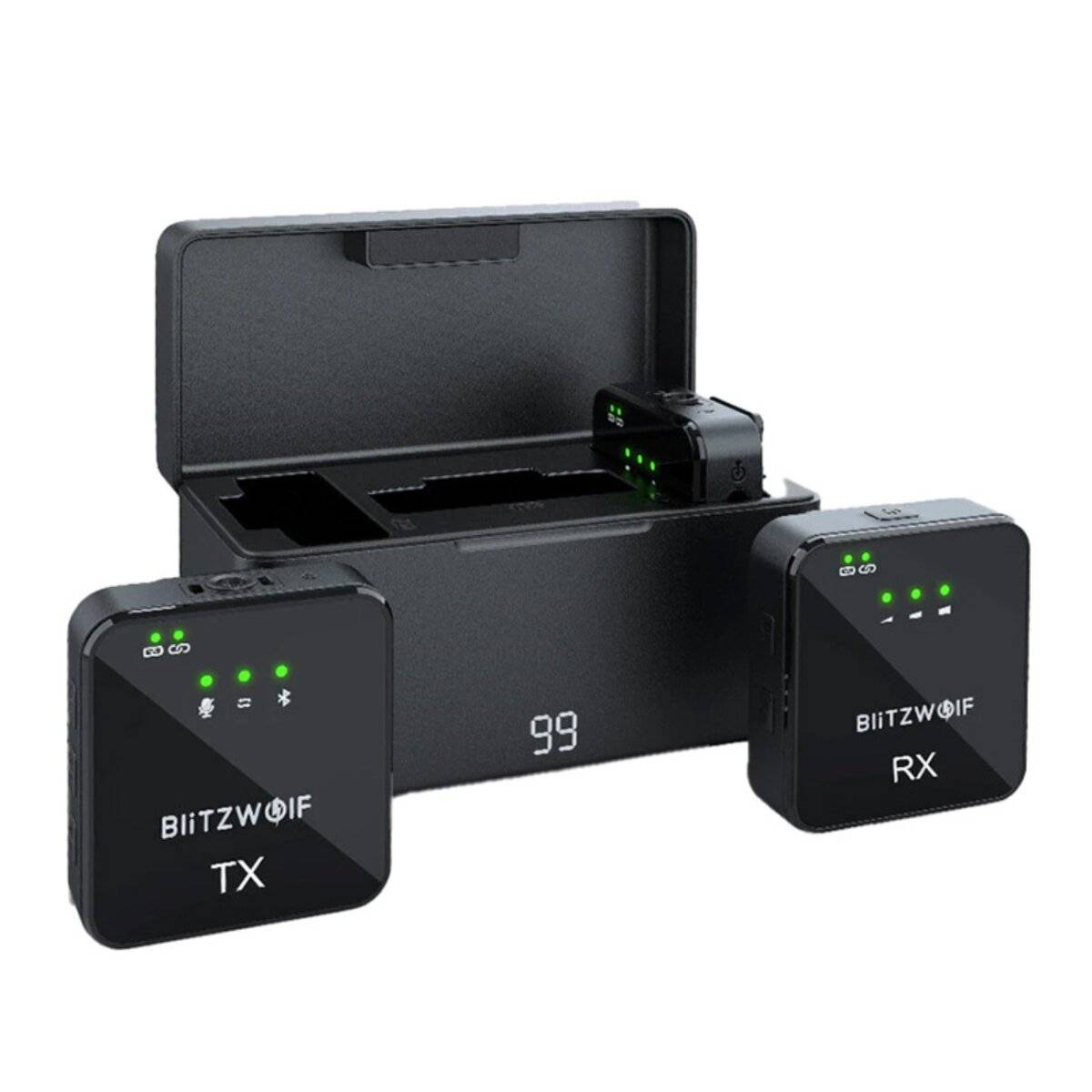 BlitzWolf BW-SX63 Wireless Mikrofon-Set mit Ladecase, USB-C & 3,5?mm Anschluss (Schwarz)