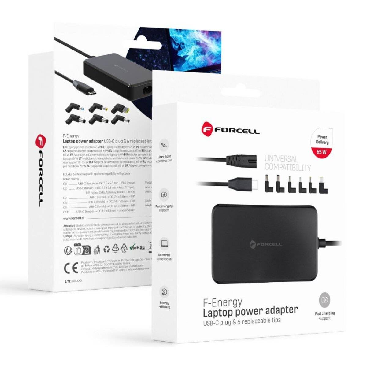 Forcell F-ENERGY E856 Universal-Laptopnetzteil 65?W mit USB-C & 6 Adaptern (Schwarz)