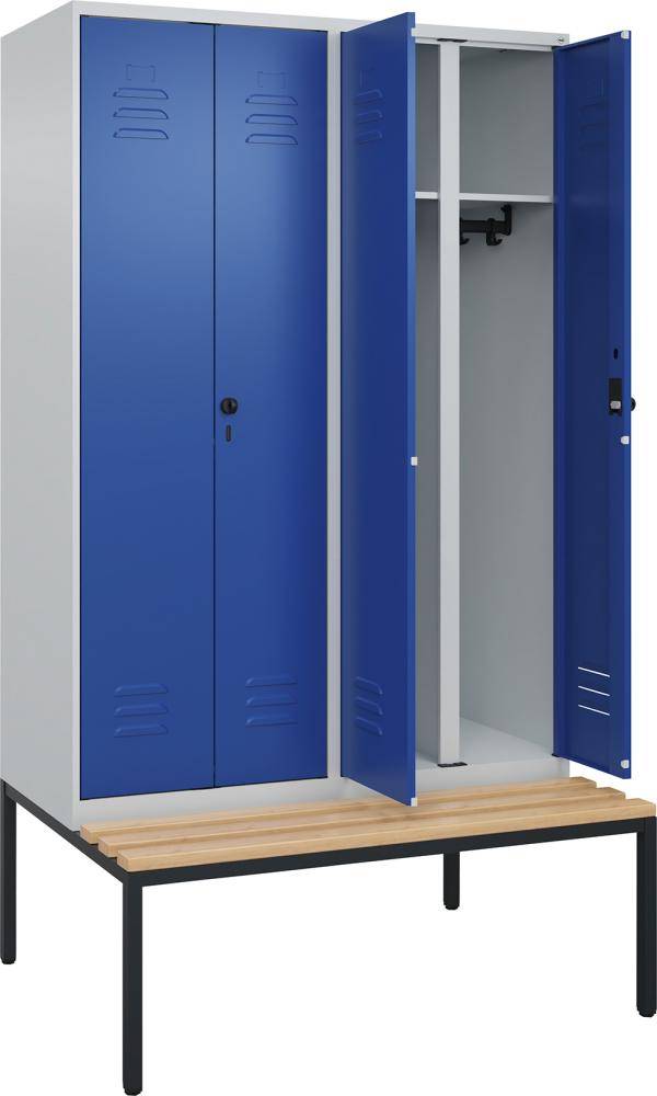 S/W-Gard.-Schrank CLASSICB1200xT500xH2120 mm RAL 7035/5010, 4 Abteile mit untergeb. Sitzbank - Artikel: 7830373592