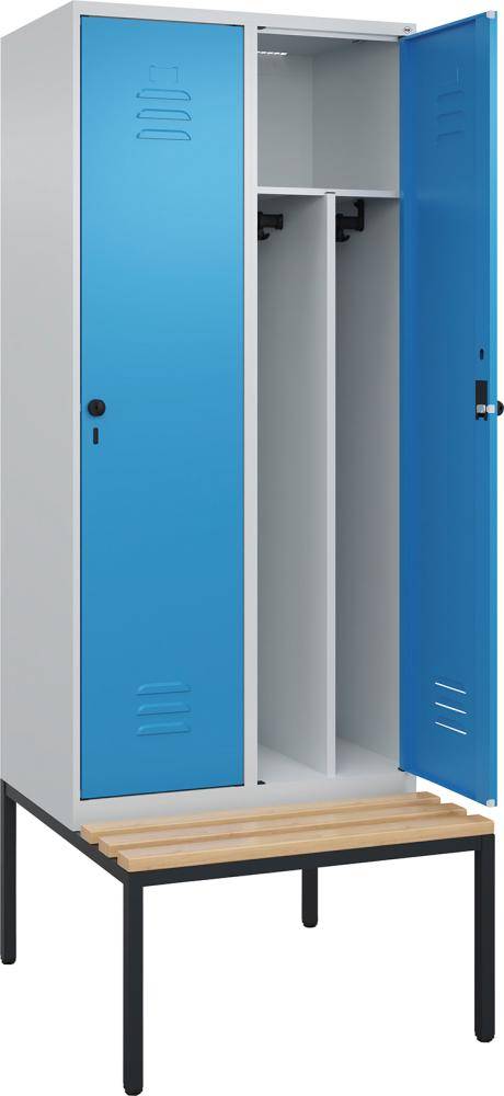 Gard.-Schrank TW CLASSIC B800xT500xH2120 mm RAL 7035/5012, 2 Abteile mit untergeb. Sitzbank - Artikel: 7830373803