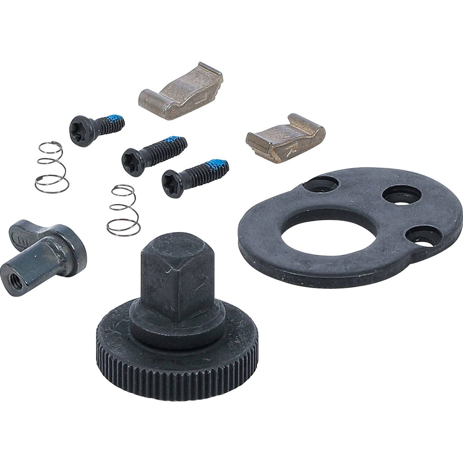 Verschiedene mechanische Teile einschließlich Schrauben, Federn und kreisförmiger Komponenten auf einem weißen Hintergrund.