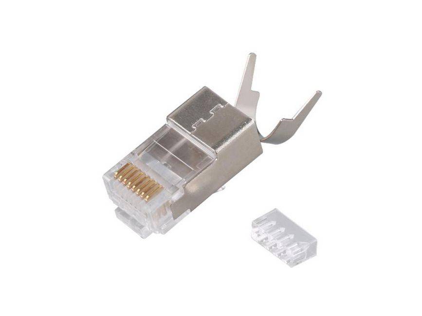 Ethernet-Kabelstecker mit transparenter Kunststoffschutzhülle, dargestellt neben einem kleinen abnehmbaren Verschlussclip auf weißem Hintergrund.