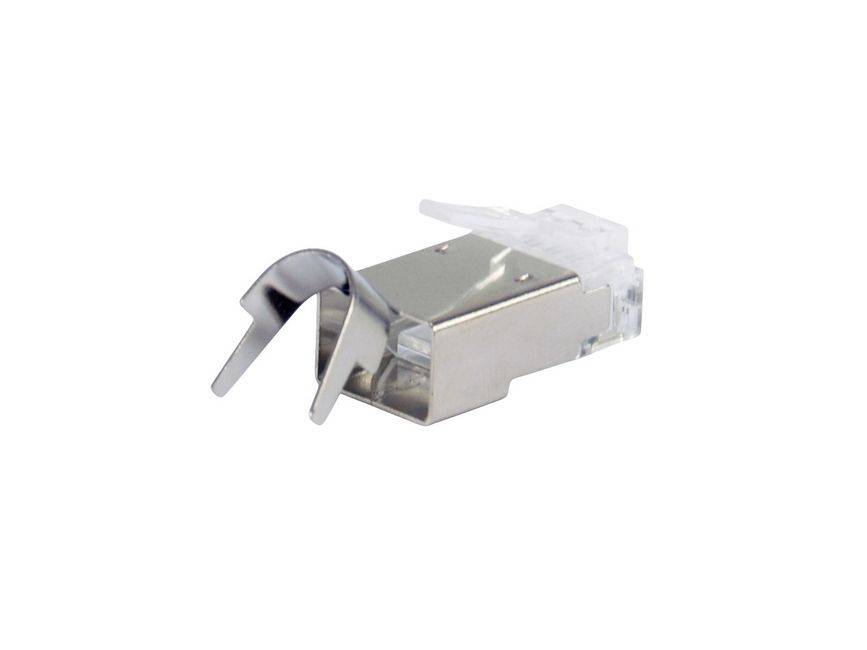 Ein kleiner Metallstecker für Ethernet-Netzwerkkabel mit einem transparenten Kunststoffclip, dargestellt auf weißem Hintergrund.