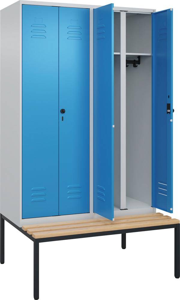 S/W-Gard.-Schrank CLASSICB1200xT500xH2120 mm RAL 7035/5012, 4 Abteile mit untergeb. Sitzbank - Artikel: 7830373602