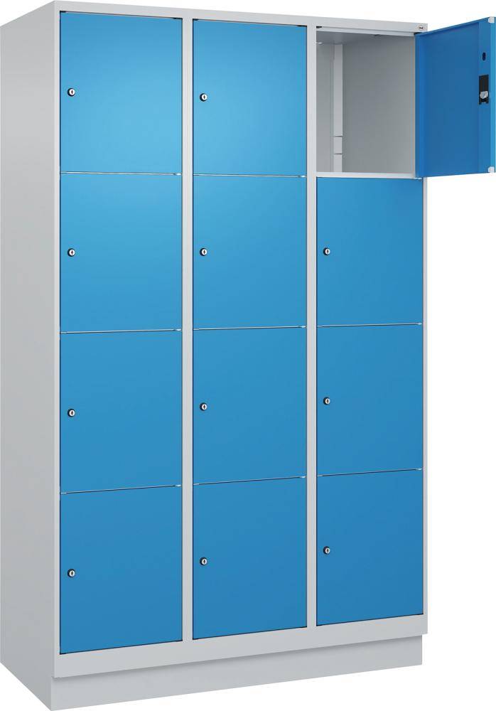 Fächerschrank CLASSIC B1200xT500xH1950 mm RAL 7035/5012, 3x4 Fächermit 100 mm hohem Sockel - Artikel: 7830373165