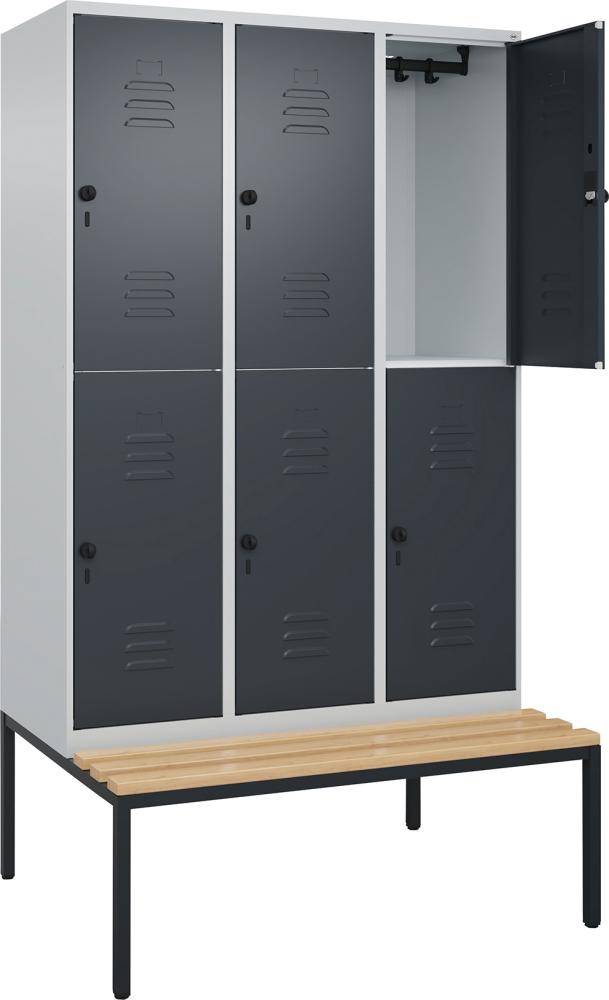 Doppelst. Schrank CLASSICB1200xT500xH2120 mm RAL 7035/7016, 3x2Abteilemit untergeb. Sitzbank - Artikel: 7830373415