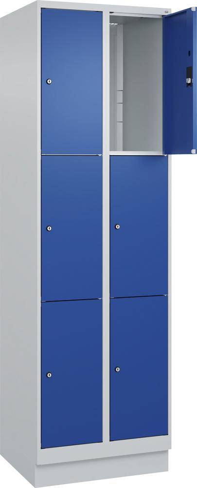 Fächerschrank CLASSIC B600xT500xH1950 mm RAL 7035/5010, 2x3 Fächermit 100 mm hohem Sockel - Artikel: 7830373112