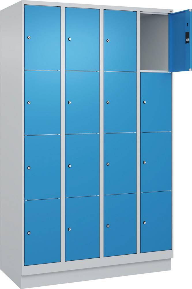 Fächerschrank CLASSIC B1200xT500xH1950 mm RAL 7035/5012, 4x4 Fächermit 100 mm hohem Sockel - Artikel: 7830373166